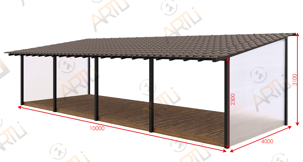 Веранда с крышей из металлочерепицы 10x4 м